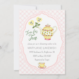 Invitation 008 Rose Saumon Mignon Gingham Thé Baby Shower Par