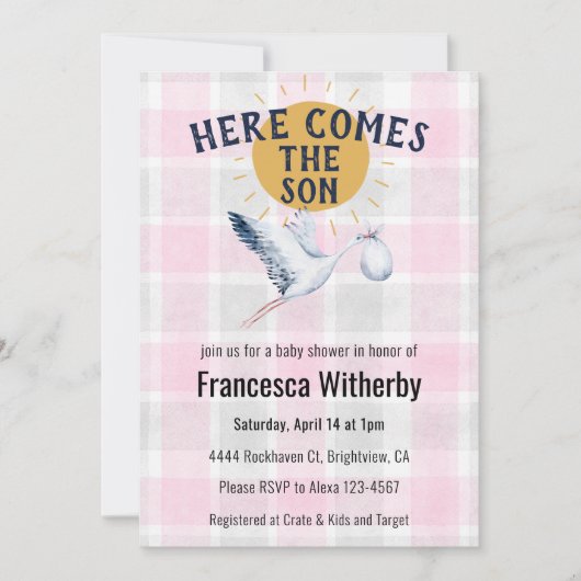 Invitation 009 Fuchsia 020 Fog Sun Plaid Stork Baby Shower (Devant)