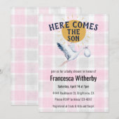 Invitation 009 Fuchsia 020 Fog Sun Plaid Stork Baby Shower (Devant / Derrière)
