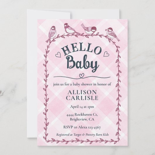 Invitation 009 Fuchsia Aquarelle Gingham Oiseaux Baby Shower (Devant)
