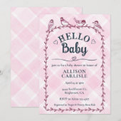 Invitation 009 Fuchsia Aquarelle Gingham Oiseaux Baby Shower (Devant / Derrière)