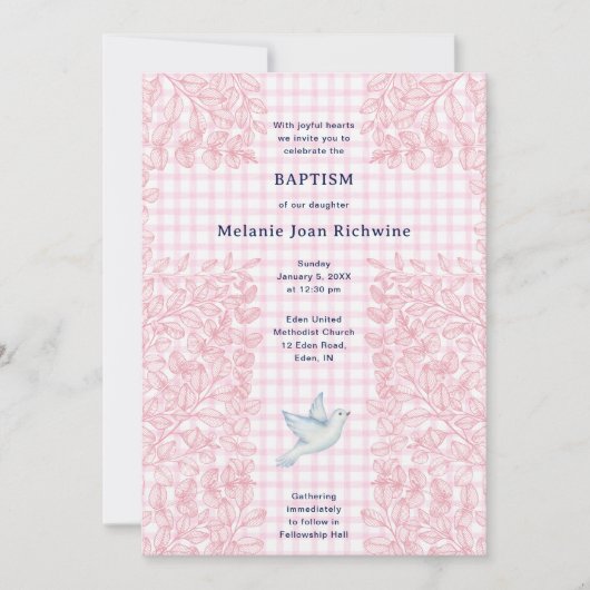 Invitation 009 Fuchsia Colombe Botanique Croisé Gingham Baptê (Devant)