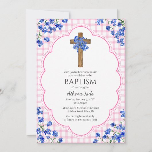 Invitation 009 Fuchsia Fleurir Croix Rustique Design Baptême (Devant)