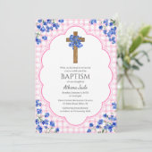 Invitation 009 Fuchsia Fleurir Croix Rustique Design Baptême (Debout devant)