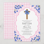 Invitation 009 Fuchsia Fleurir Croix Rustique Design Baptême (Devant / Derrière)