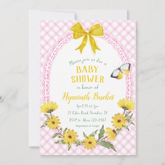 Invitation 009 Fuchsia Jaune Fleur Daisy Ruban Gingham Baby S (Devant)