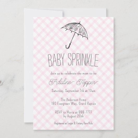 Invitation 009 Fuchsia Parapluie Moderne Gingham Baby Sprinkl (Devant)
