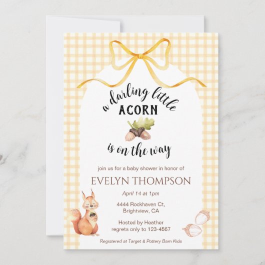 Invitation 010 Amber Cute Squirrel Acorn Gingham Baby Shower (Devant)