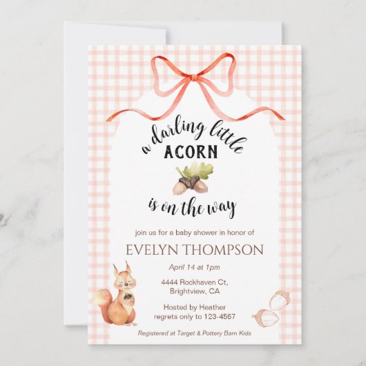 Invitation 011 Terracotta Squirrel Acorn Gingham Baby Shower (Devant)