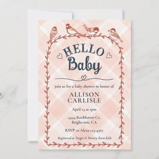 Invitation 011 Terracotta Watercolor Gingham Bird Baby Shower (Devant)