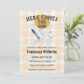 Invitation 012 Copper 020 Fog Sun Plaid Stork Baby Shower (Debout devant)