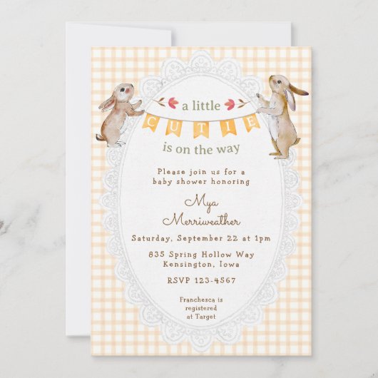 Invitation 012 Copper Orange Douce Lapin Gingham Baby Shower (Devant)