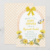 Invitation 012 Gingham Bébé Fête Naissance Ruban Fleuron Jaun (Devant / Derrière)