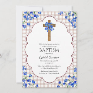 Invitation 013 Baptême au design de croix rustique à fleur de