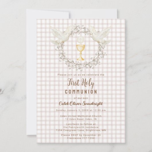 Invitation 013 Chocolate Dove & Chalice Gingham Première Comm (Devant)
