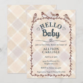 Invitation 013 Chocolate Watercolor Gingham Birds Baby Shower (Devant / Derrière)