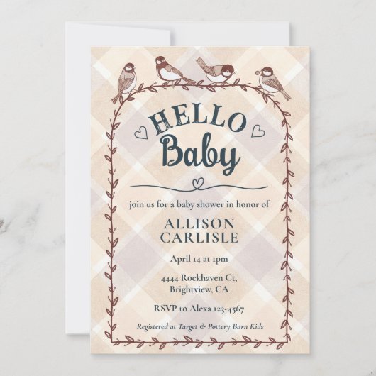 Invitation 013 Gingham Oiseaux Aquarelle Fête de Bébé (Devant)