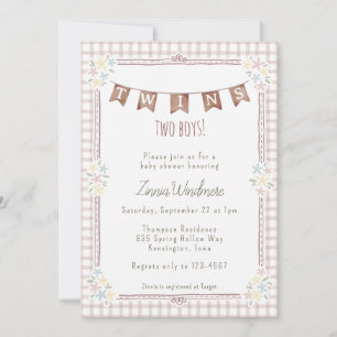 Invitation 013 Jumeaux Floral Gingham Chocolat Bain de Bébé