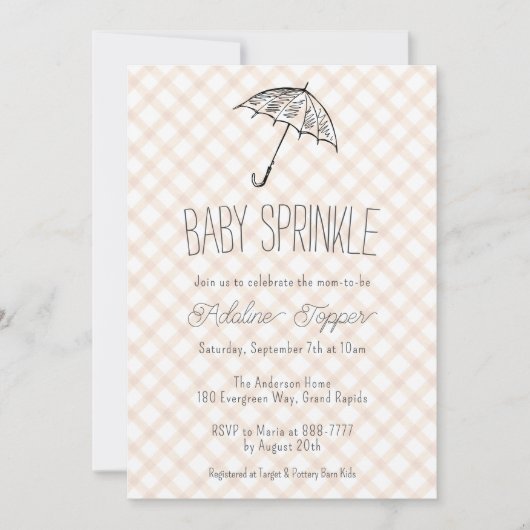 Invitation 014 Cappuccino Marron Gingham Bébé Sprinkle Parapl (Devant)