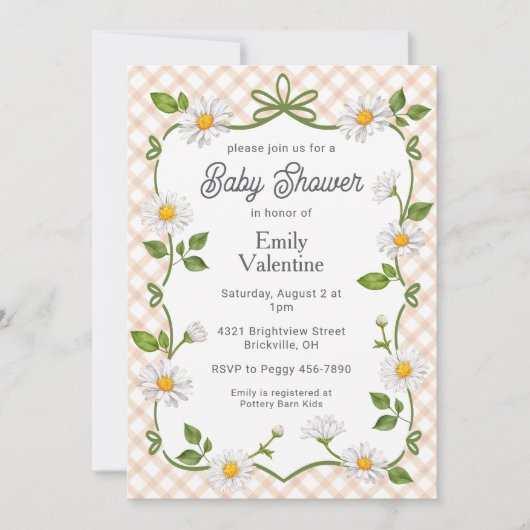 Invitation 014 Latte Brown Floral Daisy Plaid Baby Shower (Devant)