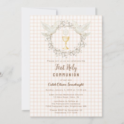 Invitation 014 Latte Dove & Chalice Gingham Première Communio (Devant)