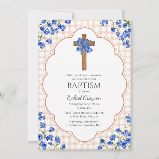 Invitation 014 latte Fleurir Croix rustique Design Baptême (Devant)