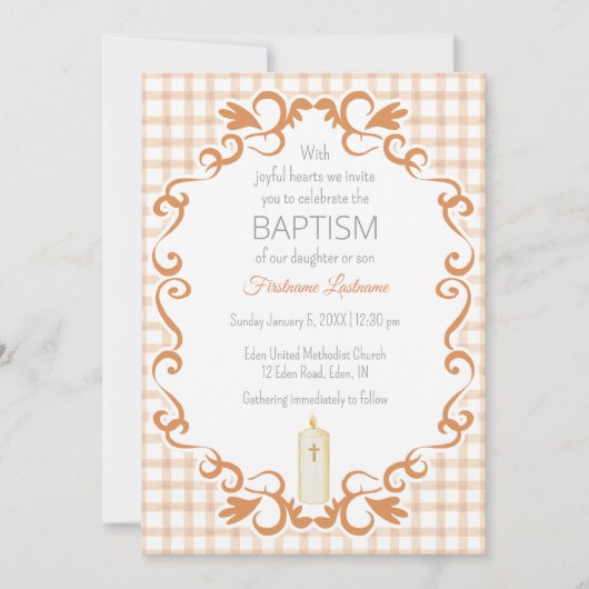 Invitation 014 Latte Tan Scroll Gingham Cross Candle Baptism (Devant)