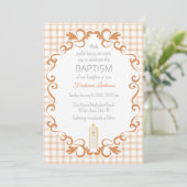 Invitation 014 Latte Tan Scroll Gingham Cross Candle Baptism (Debout devant)