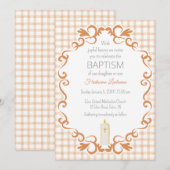 Invitation 014 Latte Tan Scroll Gingham Cross Candle Baptism (Devant / Derrière)