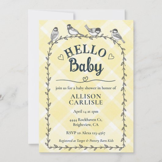 Invitation 015 Citron Aquarelle Gingham Oiseaux Baby Shower (Devant)