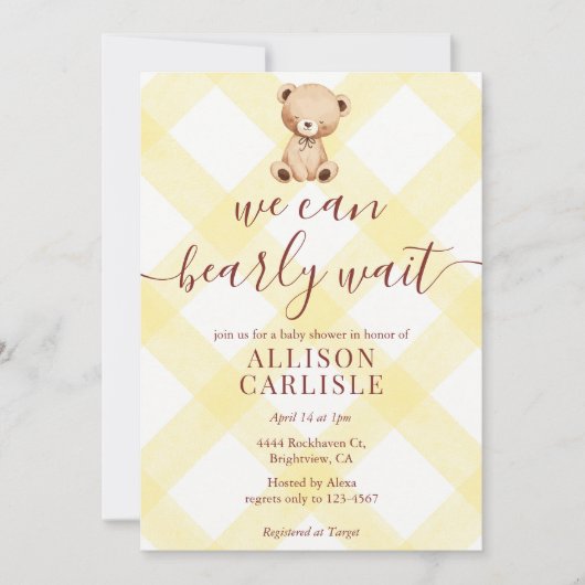 Invitation 015 Lemon Yellow Teddy Bear Gingham Baby Shower (Devant)