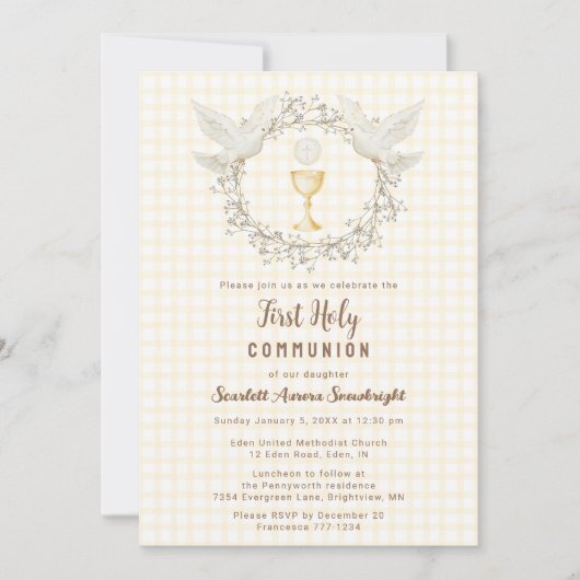 Invitation 016 Marigold Dove & Chalice Gingham 1ère Communion (Devant)
