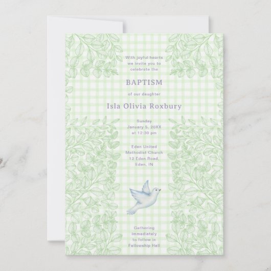 Invitation 017 Moss Dove Botanique Croix Gingham Baptême (Devant)