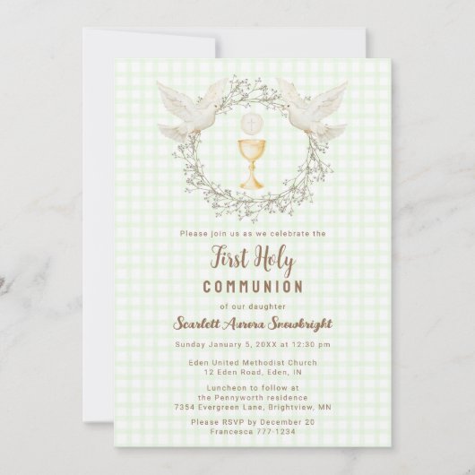Invitation 017 Moss Dove & Chalice Gingham 1ère communion (Devant)