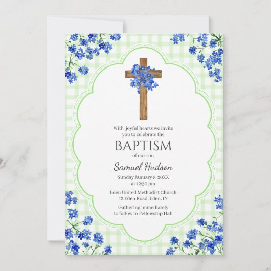 Invitation 017 Moss Green Blossom Rustic Cross Design Baptism (Devant)