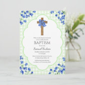 Invitation 017 Moss Green Blossom Rustic Cross Design Baptism (Debout devant)