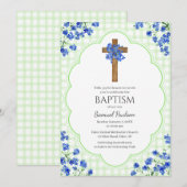 Invitation 017 Moss Green Blossom Rustic Cross Design Baptism (Devant / Derrière)
