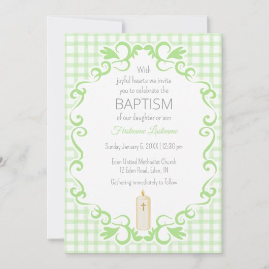 Invitation 017 Moss Green Scroll Gingham Cross Candle Baptism (Devant)