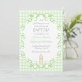 Invitation 017 Moss Green Scroll Gingham Cross Candle Baptism (Debout devant)