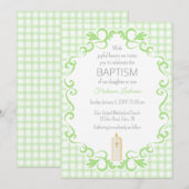 Invitation 017 Moss Green Scroll Gingham Cross Candle Baptism (Devant / Derrière)