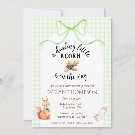 Invitation 017 Moss Green Squirrel Acorn Gingham Baby Shower (Devant)