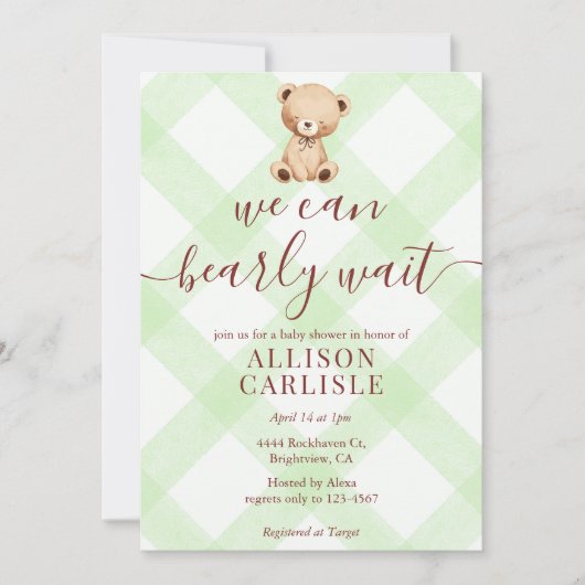 Invitation 017 Moss Green Teddy Bear Gingham Baby Shower (Devant)