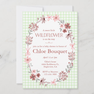 Invitation 017 Moss Green Wildflower Bow Gingham Baby Shower