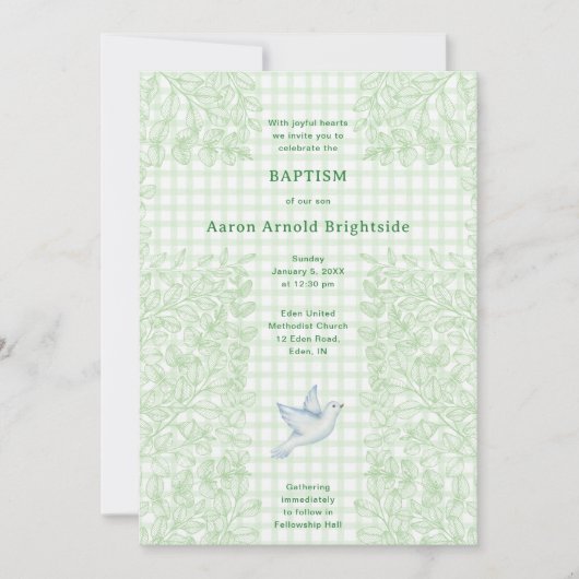 Invitation 018 Colombe de la Grass Botanique Gingham Baptême (Devant)