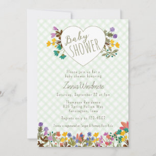 Invitation 018 Gingham Herbeux Jardin Cœur Floral Baby Shower