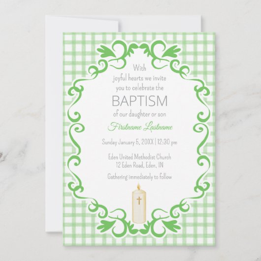 Invitation 018 Grass Scroll Gingham Cross Candle Baptism (Devant)