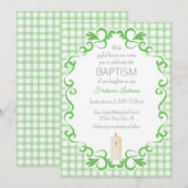 Invitation 018 Grass Scroll Gingham Cross Candle Baptism (Devant / Derrière)