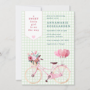 Invitation 018 Vert gazon Douce Fleur Fille Vélo Baby Shower