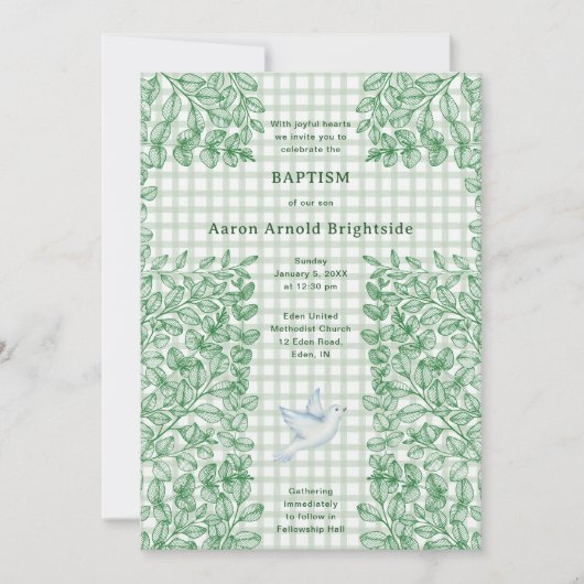 Invitation 019 Dove de la forêt Croix botanique Gingham Baptê (Devant)