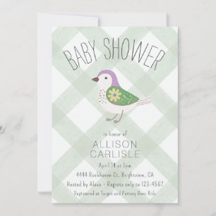 Invitation 019 Fête de bébé Fleurie Oiseau Gingham Douce